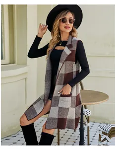 Elegant long plaid knit sleeveless vest with suit collar and pockets for fashionable women.