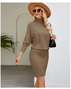 Detailed view of an elegant brown turtleneck knit midi dress on a model outdoors.