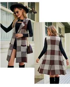 Front and back views of a long checkered sleeveless knit vest featuring a lapel collar