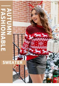 Detailed view of red Christmas knit sweater with reindeer and snowflake patterns