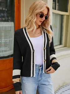 Classic college style V-neck loose knit cardigan with contrast stripes for women