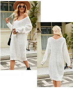 Front and back detail view of loose white knitted sweater dress for autumn fashion