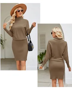 Full detail view showing the front and back of a brown high-neck slim knit dress.
