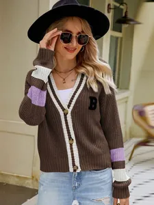 Preppy style brown V-neck cardigan with letter B patch and striped sleeve details