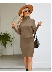Minimalist high-neck knitted sweater dress in brown with slim-fit hip-hugging cut
