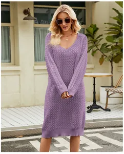 Detailed view of this lavender V-neck knitted sweater dress featuring a loose fit style