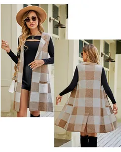 Women's stylish long plaid knitted vest showing front and back views with notch lapel.