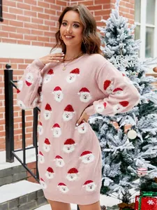 Vestido de punto rosa navideño con estampados de Papá Noel para otoño e invierno