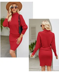 Front and back views of a red high-neck knit dress showing slim fit and texture.