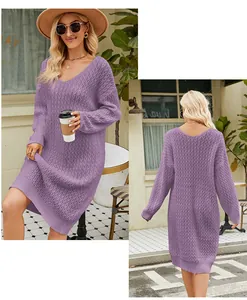 Front and back views of a stylish loose purple knitted sweater dress for autumn