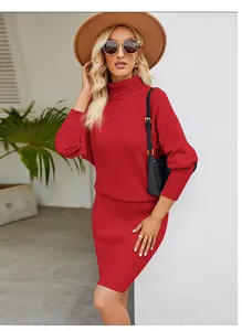 Elegant red turtleneck knit dress for women featuring a minimalist and slim-fit design.