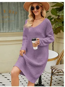 Elegant lavender oversized V-neck knitted sweater dress worn by a model outdoors