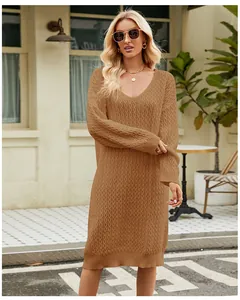 Women's V-neck knit sweater dress with long sleeves in casual loose brown style
