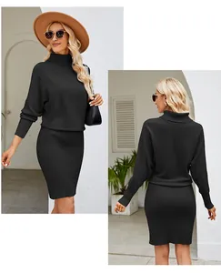 Elegantly styled black turtleneck ribbed knit bodycon dress showing front and back view