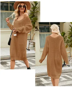 Front and back view of a loose brown knitted long-sleeve sweater dress with V-neck
