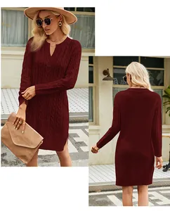 Professional front and back view of a burgundy cable-knit mid-length split sweater dress