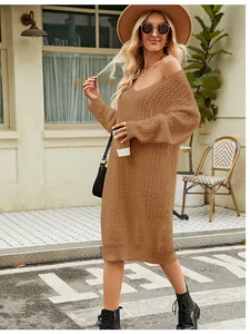 Full view of casual brown knitted V-neck sweater dress in autumn street style