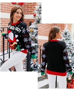 Front and back views of women's black Christmas sweater featuring Santa and snowflake details
