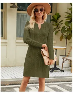 Detail view of olive green cable knit sweater dress with chic V-neck and long sleeves