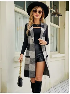 Women long sleeveless plaid knit vest cardigan with lapel and pockets for fall layering