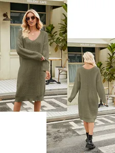 Detailed front and back views of a green loose cable knit sweater dress for women