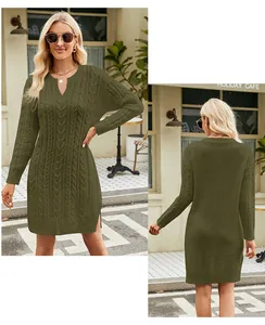 Detail of army green cable-knit knitted dress with side slit and pullover design.