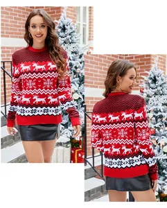 Front and back view of a festive red Christmas knit sweater with snowflake and deer patterns