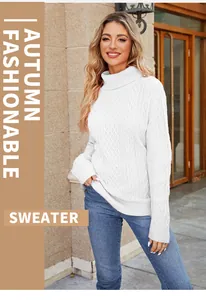 Close-up detail of women's elegant white turtleneck cable knit sweater for autumn fashion