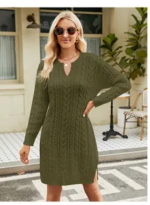 Elegant olive green cable knit mini dress featuring a cozy V-neck and long sleeves.