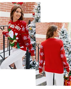 Front and back view of a festive red Christmas sweater with Santa Claus embroidery.