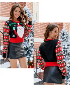 Vue détaillée avant et arrière de la broderie Père Noël sur ce pull de Noël festif