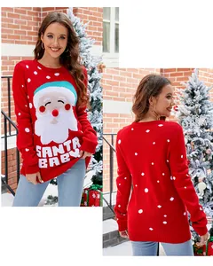 Front and back views of a red women's Santa Claus knit sweater with 'SANTA BABY' text.