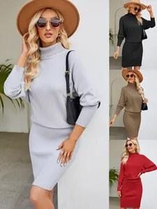 Minimalist Turtleneck Long Sleeve Knitted Maxi Dress For Women Slim Fit Bodycon Sweater Dress Solid Color Autumn Winter Elegant Dress