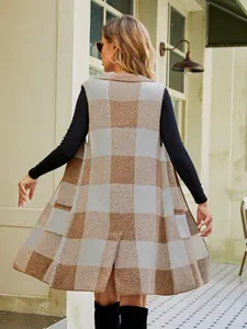 Women's long plaid sleeveless knit cardigan featuring a classic notch lapel and pockets.