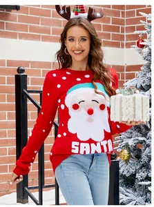 A festive red Christmas pullover sweater featuring a Santa Claus graphic and knitted SANTA text