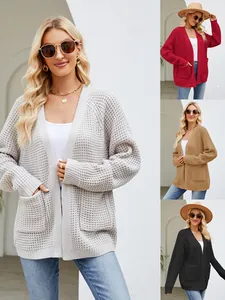 Damen Acryl Waffelstrick Strickjacke Locker Langarm Offene Vorderseite Oberbekleidung Mit Taschen Herbst Winter Vintage Einfarbig Top