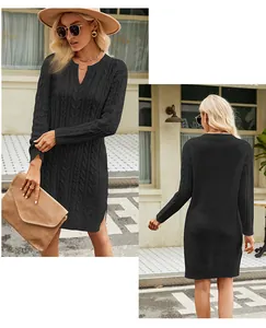 Detail view showing front and back of a black cable knit sweater dress with side slit.