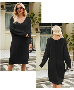 Professional front and back views of a cozy loose black cable-knit sweater dress