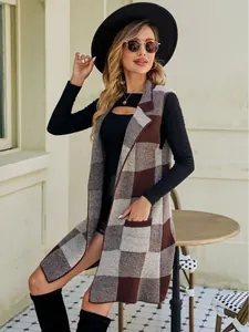 Stylish women's long sleeveless plaid knit sweater vest with lapel collar for layering