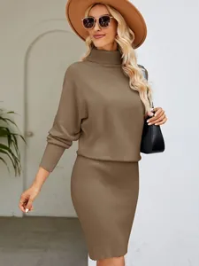 Elegant solid brown turtleneck knitted bodycon dress for women in minimalist style