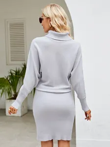 Elegant lavender long sleeve turtleneck knit dress with slim fit ribbed skirt back view