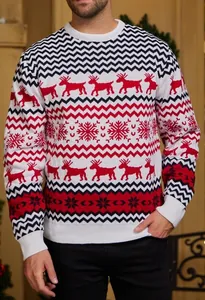 Festive men's knitted Christmas sweater with red reindeer and snowflake patterns
