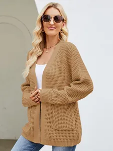 Damen Übergröße Waffelstrick-Cardigan in Khaki, Retro-Strickjacke in mittlerer Länge