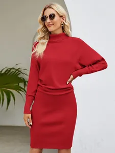 Elegant solid red high-neck long knit sweater dress featuring a slimming hip-hugging fit
