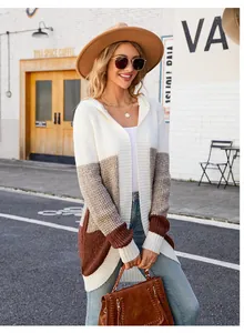 Casual πλεκτή ζακέτα με κουκούλα σε σχέδιο color-block σε αποχρώσεις του κρέμα και καφέ