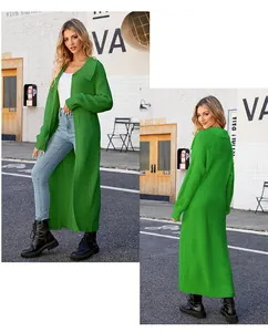 Front and back detail view of a longline green knitted cardigan with a stylish lapel collar