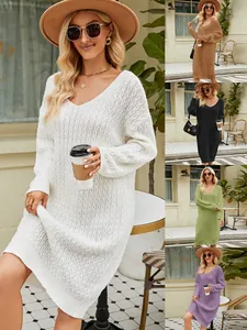 Women's V-Neck Loose Knit Sweater Dress Pullover Long Sleeve Oversized Chunky Cable Knit Jumper Dress Casual Solid Color Elegant Autumn Winter Top