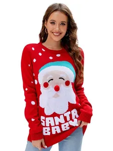 Festive red Santa Claus pullover sweater with embroidered letters for Christmas