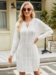 Elegant white cable knit mid-length sweater dress for women featuring side split and loose fit