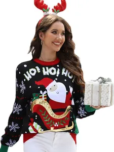 Festive women's Christmas sweater with Santa embroidery and Ho Ho Ho text detail.